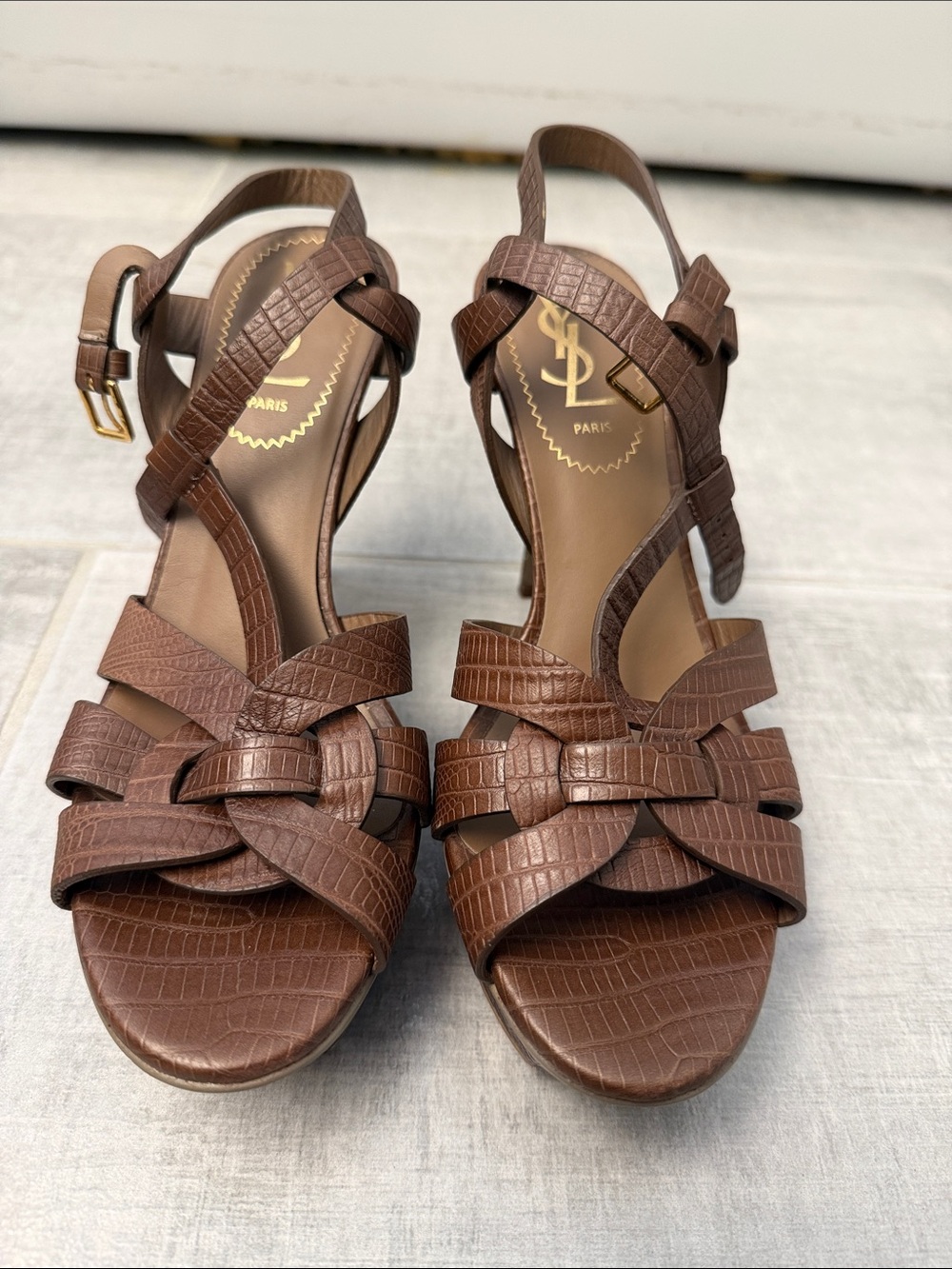 Yves Saint Laurent Brown Woven Leather Strappy Heels